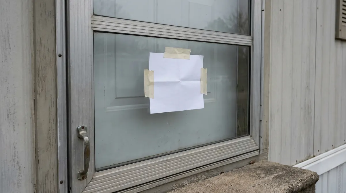 A notice taped to the door of a manufactured home in a community
