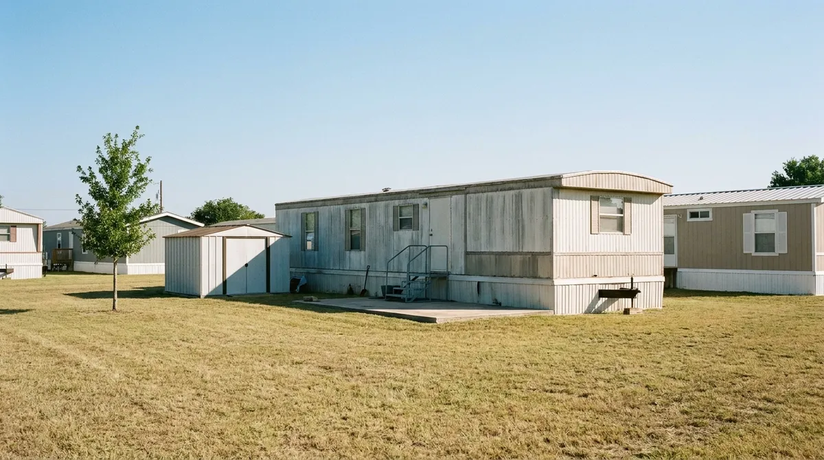 A manufactured home on a leased community lot seen across a mown common lawn