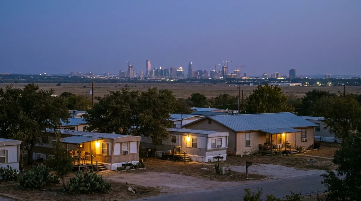 A manufactured home neighbourhood in the foreground with the Austin skyline and cranes behind it at dusk