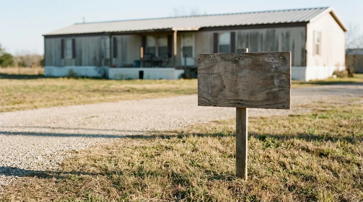 A blank homemade plywood yard sign on a stake in front of a manufactured home