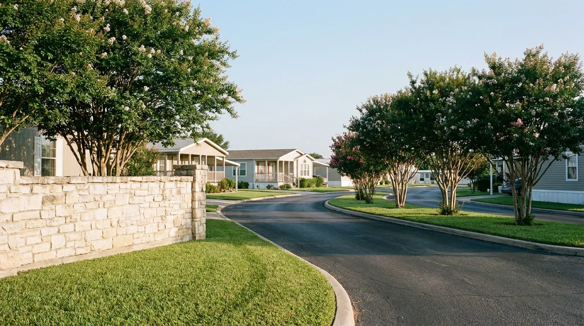 The entrance drive of a tidy Central Texas manufactured home community past a blank limestone entry wall