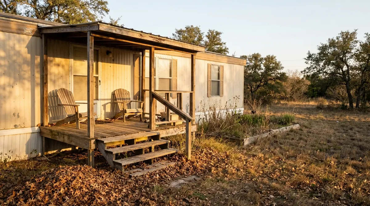 An older manufactured home with an empty porch on a quiet lot