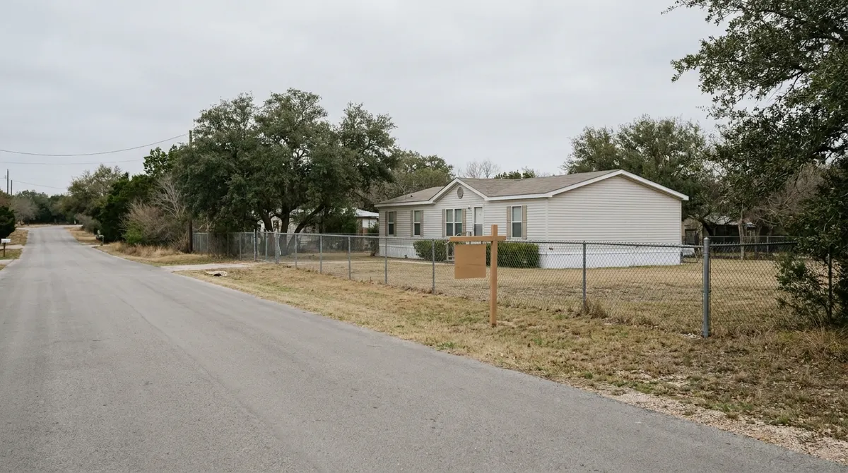 A manufactured home with a for sale sign in a quiet Central Texas neighborhood