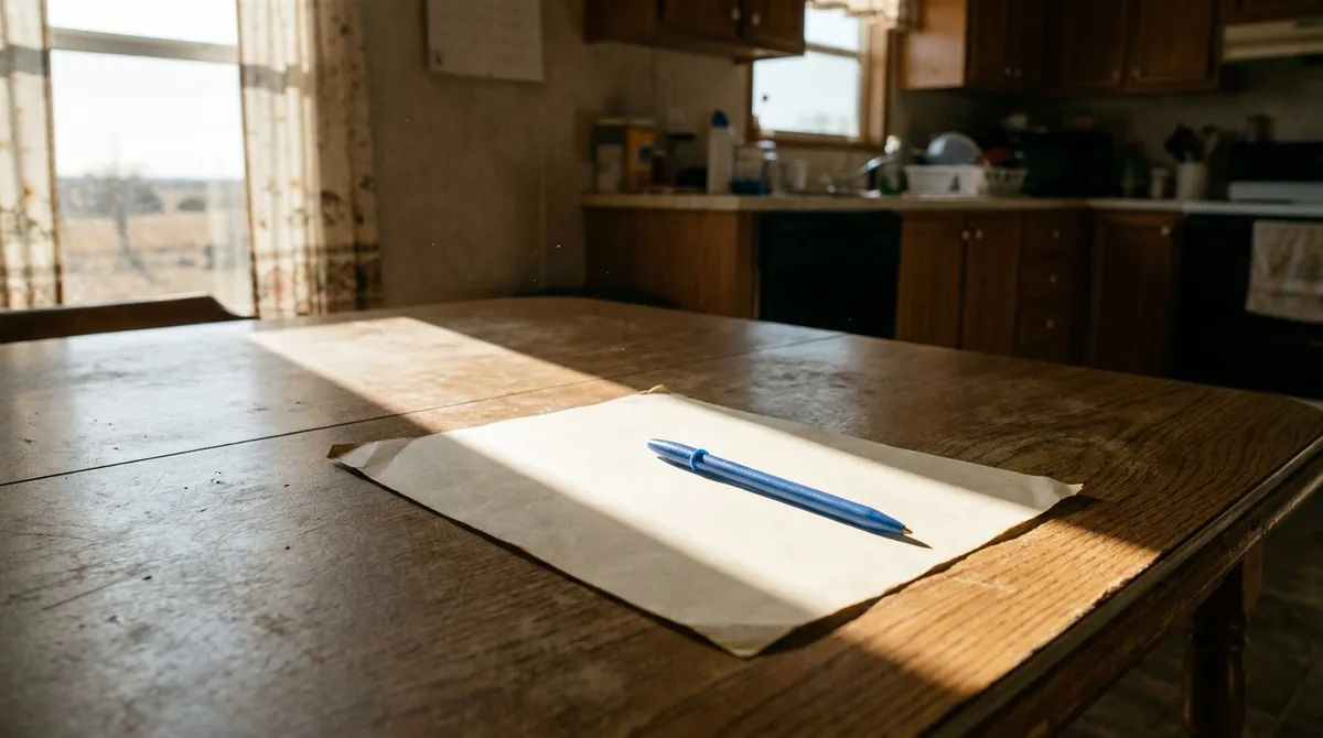 A blank unsigned sheet of paper and a pen on a kitchen table in a stripe of hard afternoon sun