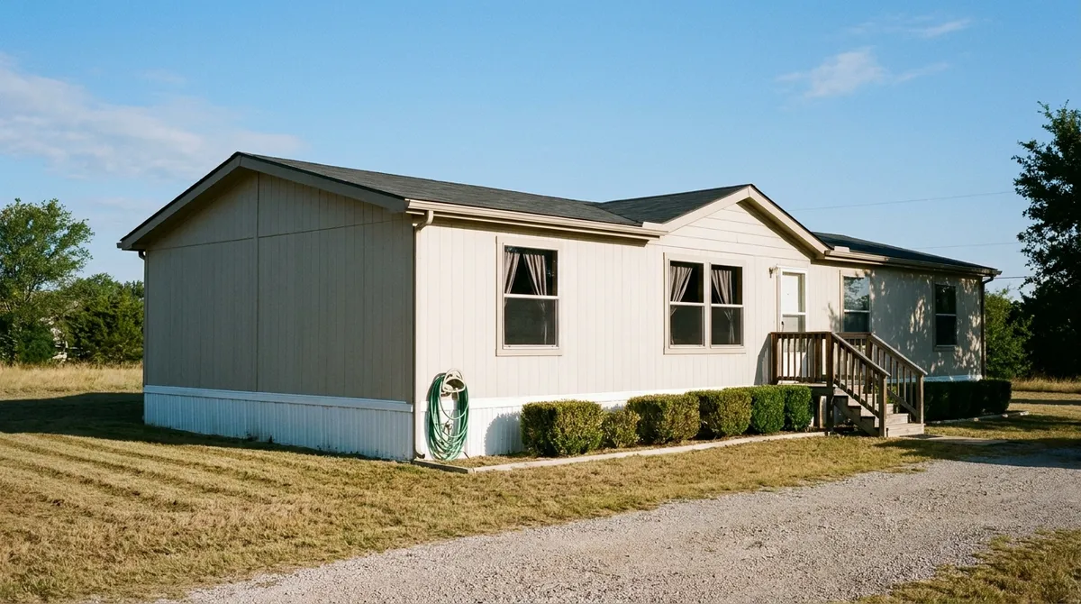 A double-wide manufactured home with a freshly mown lawn, trimmed shrubs and a coiled hose on a clear morning