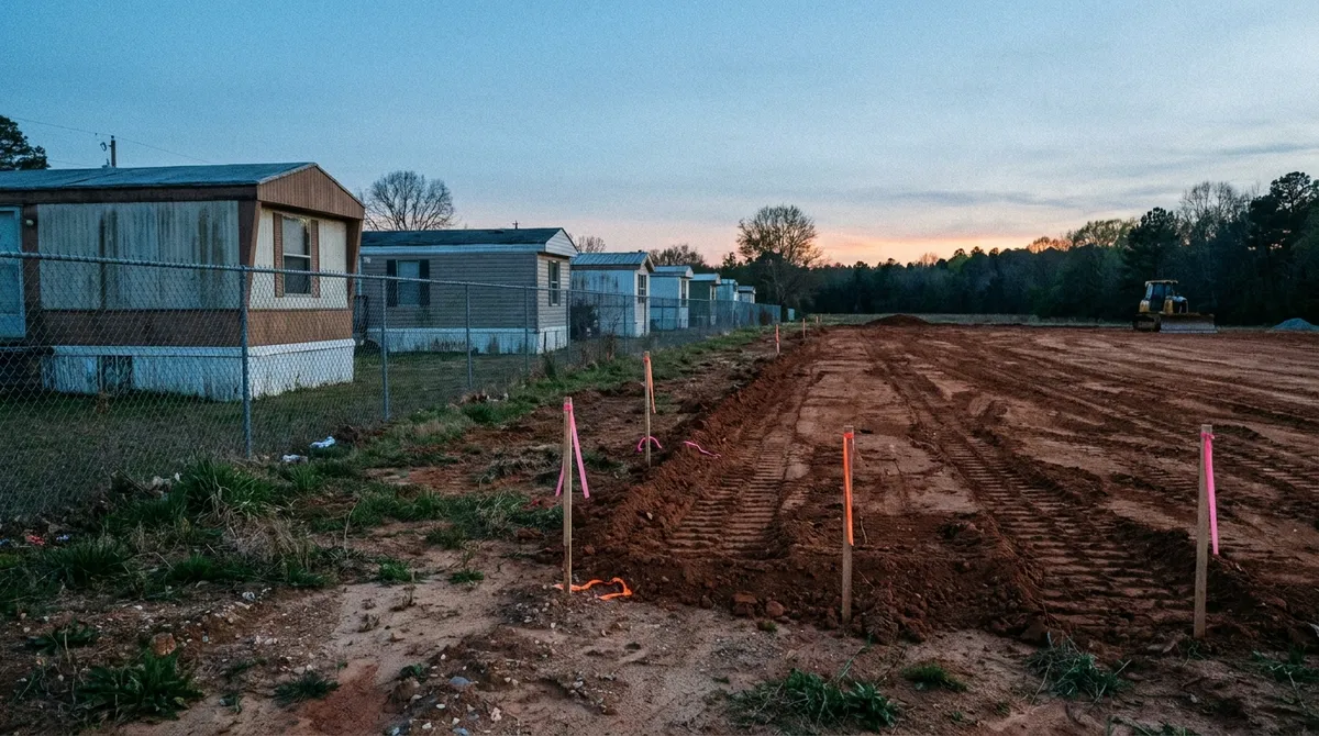 A mobile home community fence line meeting freshly graded development land at dusk northeast of Austin