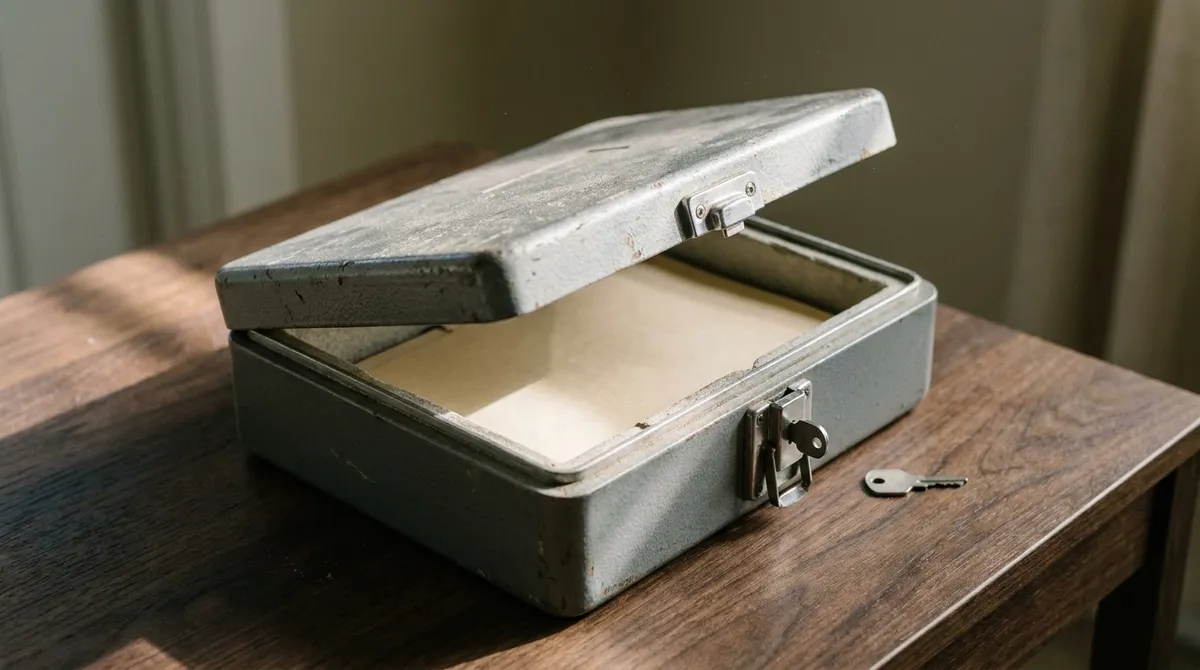 An open metal document box holding a stack of blank papers on a wooden table, with a small key beside it