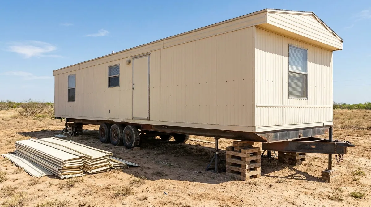A manufactured home jacked up on its own steel chassis and axles with skirting removed, prepared for relocation