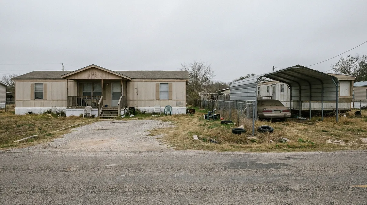 A double-wide and a single-wide standing on neighbouring lots in the same Central Texas community