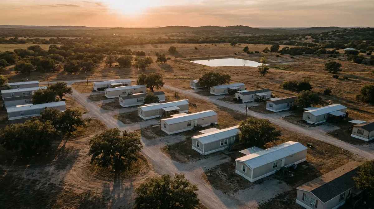 An elevated golden-hour view across the rooflines of a Central Texas manufactured home community and open pasture