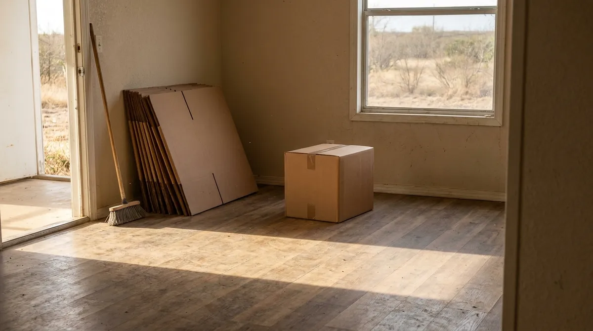 An emptied manufactured home living room with a single cardboard box and a broom in a patch of afternoon sun