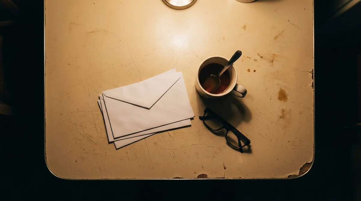 A stack of plain blank envelopes, a mug of coffee and reading glasses on a worn laminate table under warm lamplight