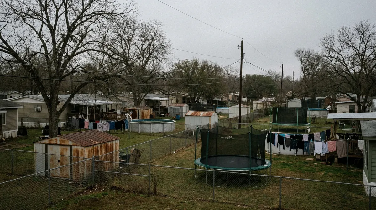 An elevated view over fenced back yards, sheds and pecan trees in a southeast Austin manufactured home neighbourhood