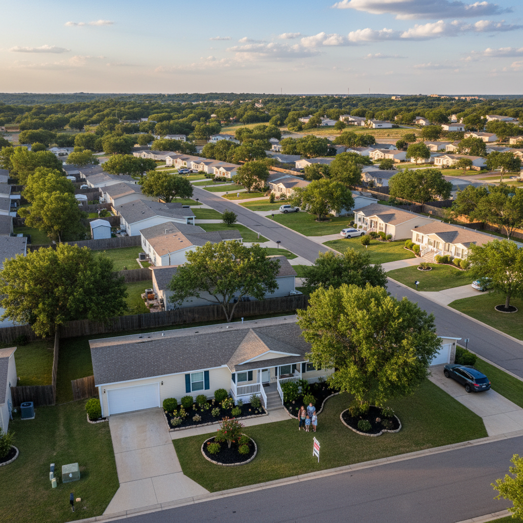 Aerial view of a well-maintained manufactured home community in Central Texas hill country at golden hour