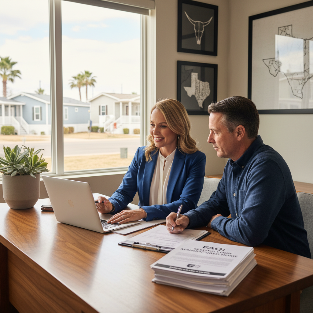 Professional manufactured home broker consulting with clients about selling their mobile home in Texas