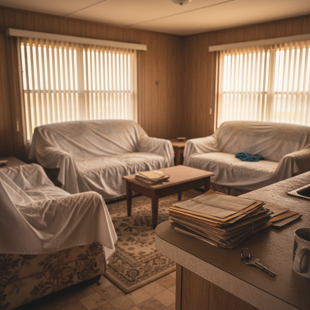 Interior of an inherited mobile home in Texas with sunlight and legal documents