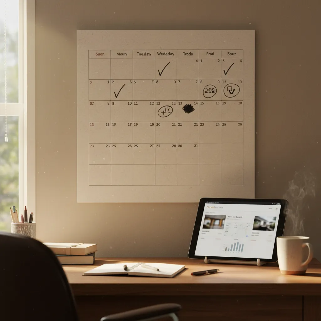 Wall calendar with stages of a manufactured home listing marked on consecutive weeks in a Texas home office