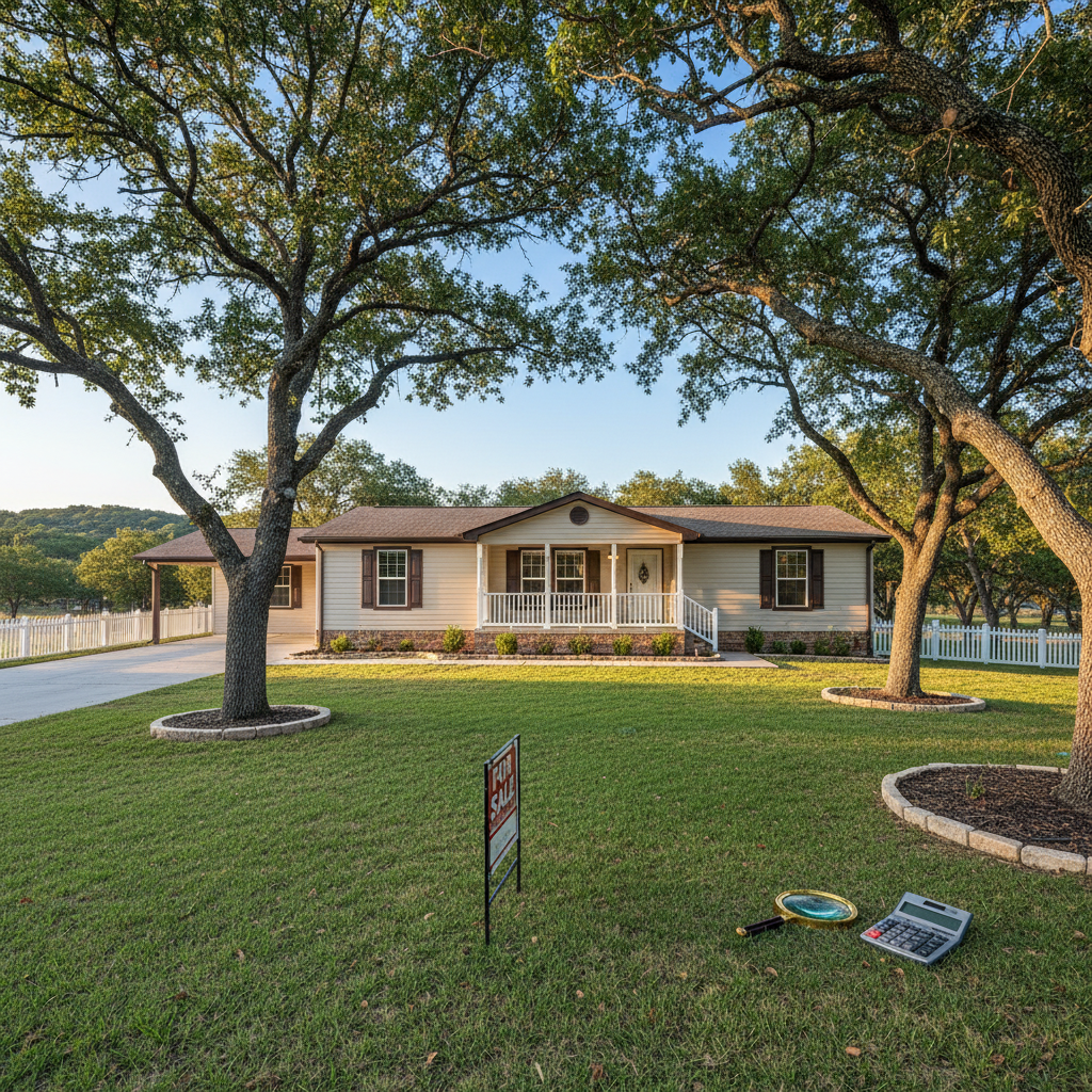 Well-maintained double-wide manufactured home for sale in Texas with a for sale sign