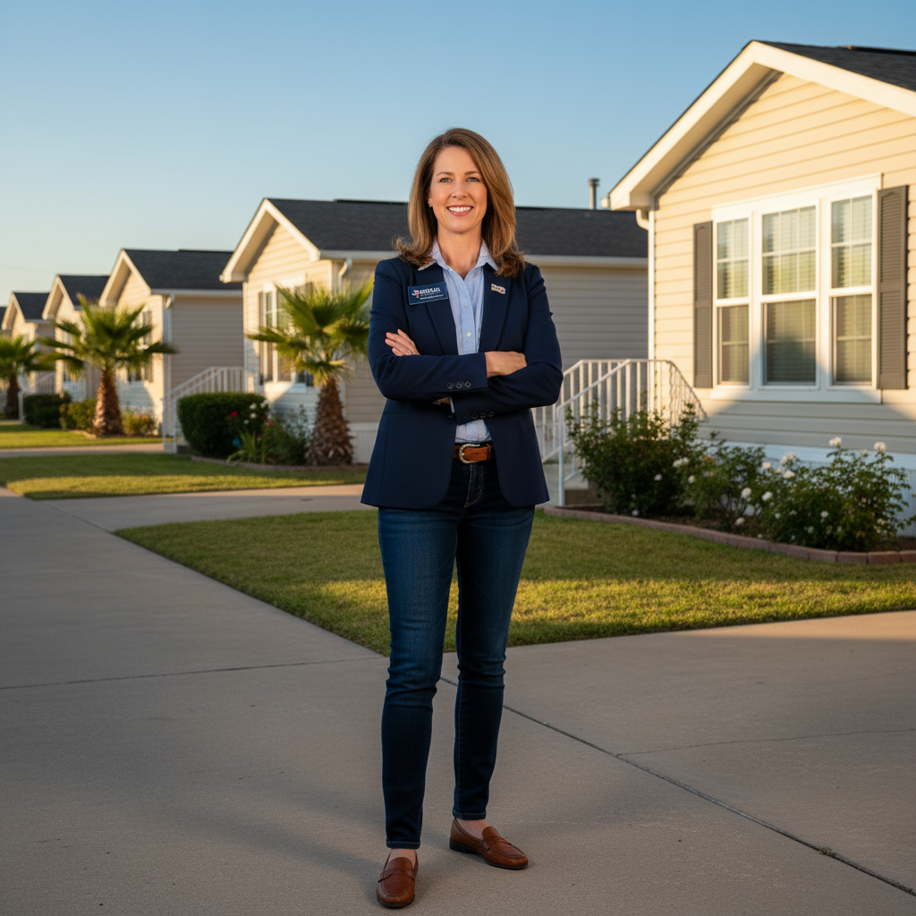 TDHCA-licensed manufactured home broker in front of a Texas mobile home community