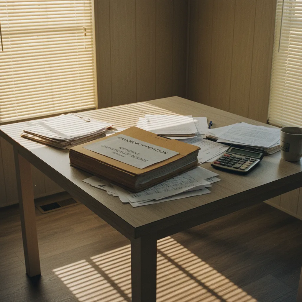 Legal paperwork and financial documents spread on the table of a Texas manufactured home