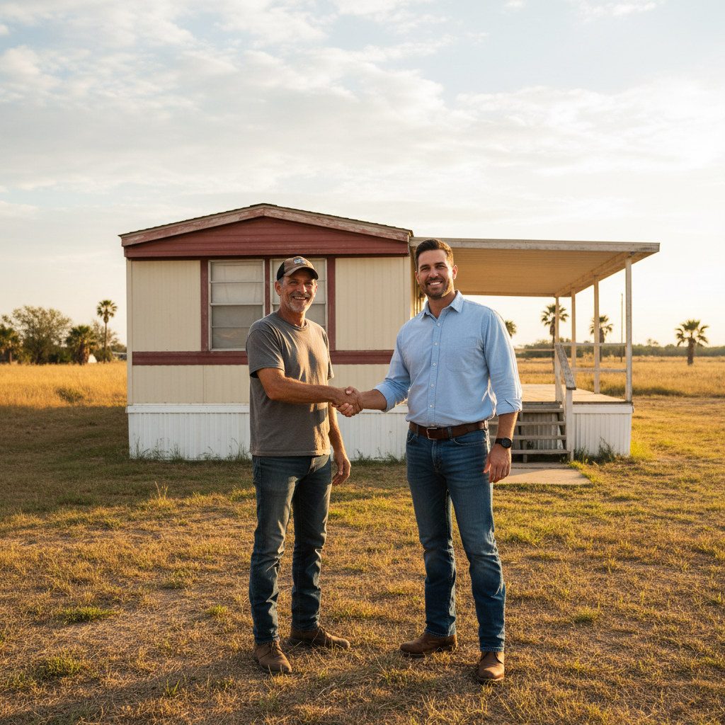 Mobile home owner shaking hands with investor